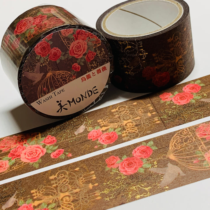 KIMONO MONDE BIRD CAGE And ROSES Gold Foil Saien Washi Tape ~ 1 Roll ~ 25mm x 5m (16 Feet)