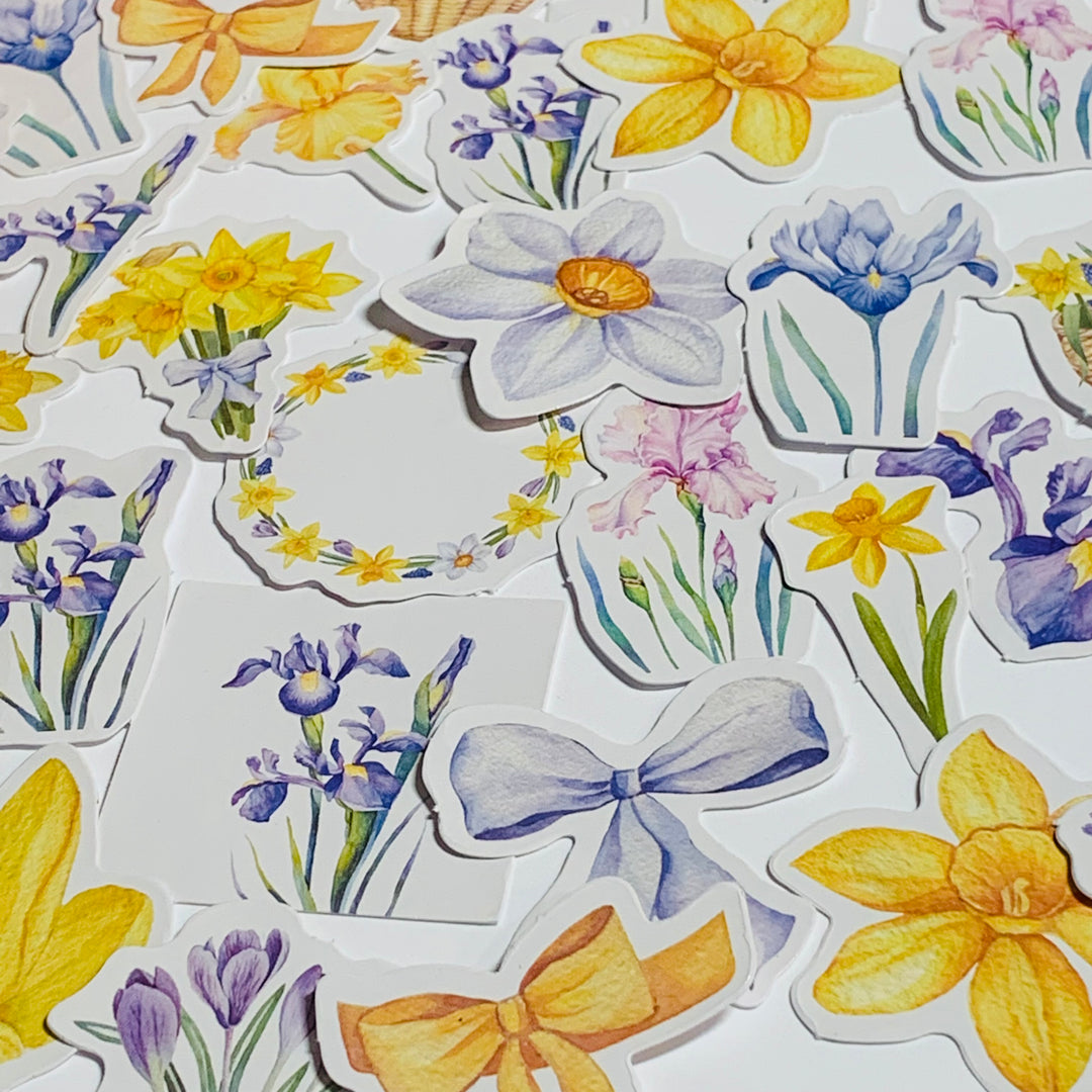 DAFFODILS And IRISES FLORAL Peelable Stickers  ~ 46 Pieces ~ Each Sticker is Approximately 38mm