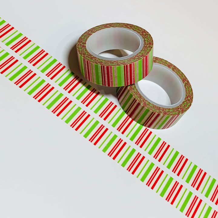 CHRISTMAS CHERRY & LIME Red And Green Striped Washi Tape  ~ 1 Roll - 15mm x 10m (33 Feet)