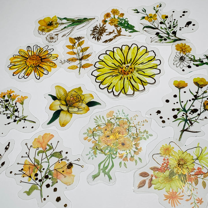 DAISY IS FULL YELLOW FLORAL ASSORTMENT Gold Foil Peelable Sticker Pack ~ 30 Pieces, Each Sticker 51-65mm