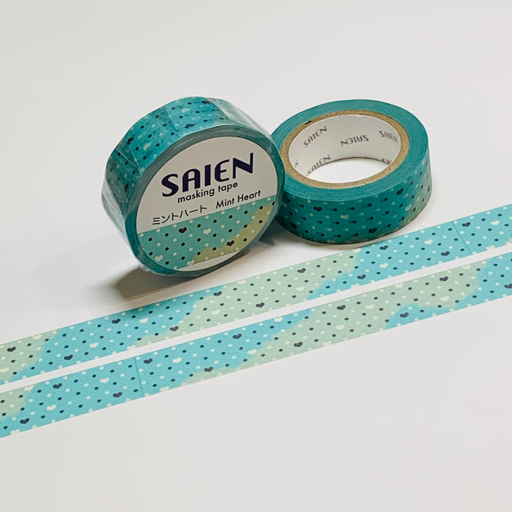 PATTERNED MINT HEARTS & DOTS Saien Masking Washi Tape ~ 1 Roll ~ 15mm x 10m (33 Feet)