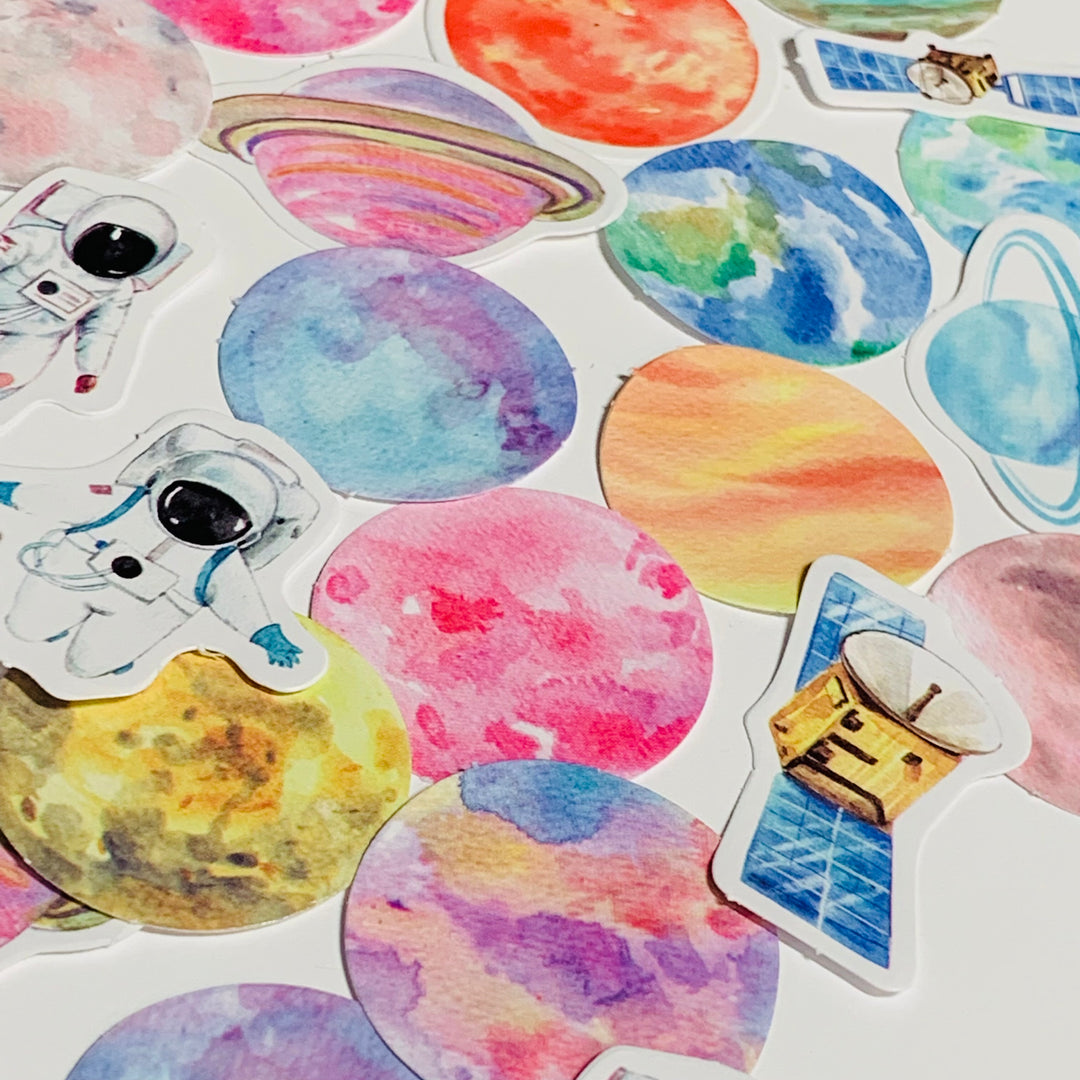 RAINBOW PLANETS & ASTRONAUTS Peelable Stickers  ~ 46 Pieces ~ Each Sticker is Approximately 38mm