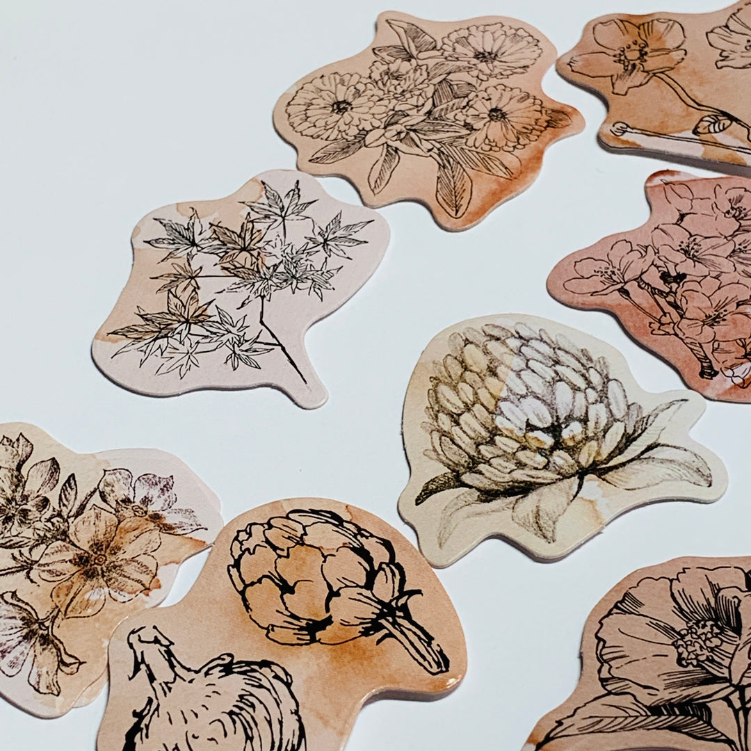 TEA-STAINED DOODLED FLOWERS Peelable Stickers  ~ 46 Pieces ~ Each Sticker is 44mm