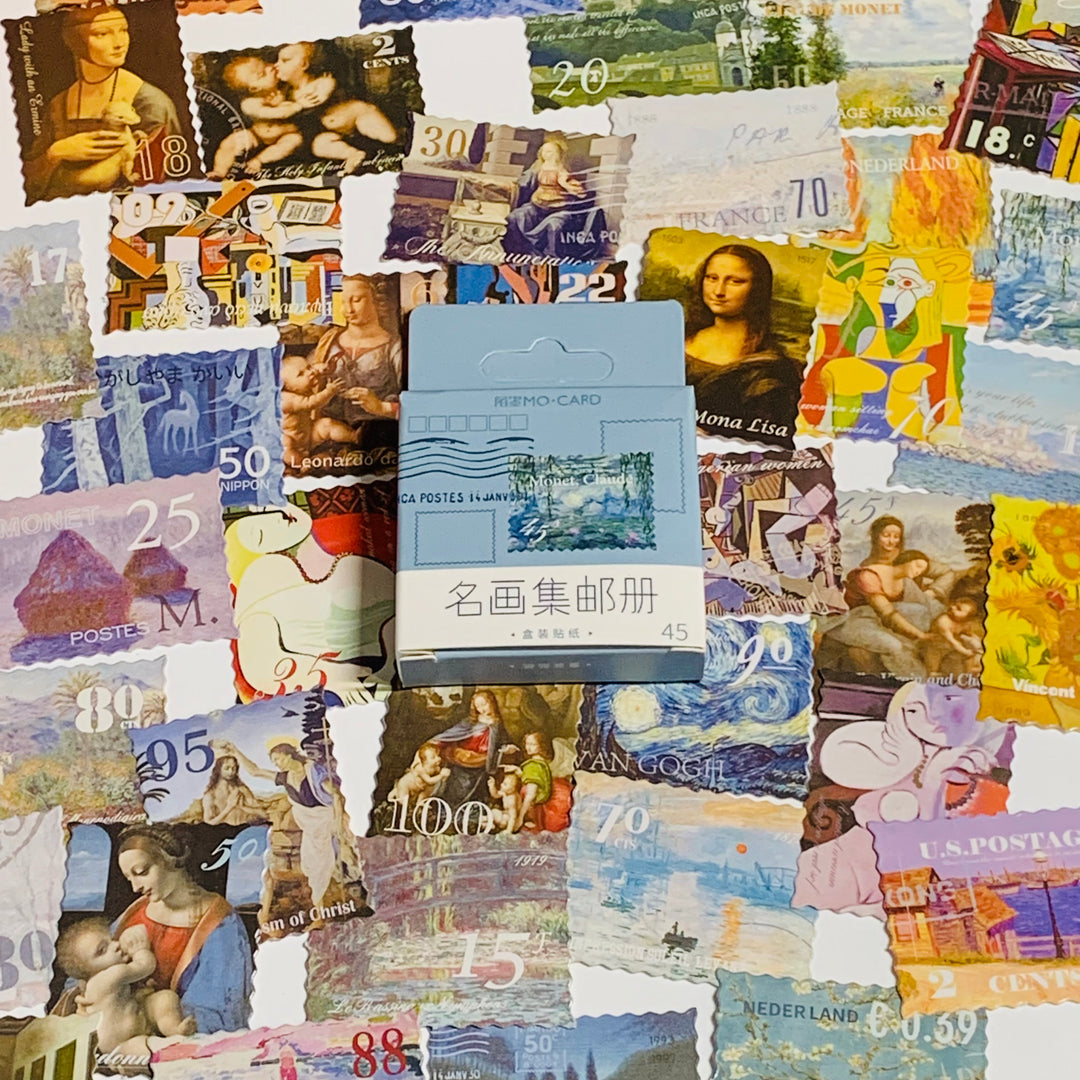 ICONIC NOTABLE PAINTING Stamps Peelable Stickers  ~ 45 Pieces ~ Each Sticker is Approximately38mm