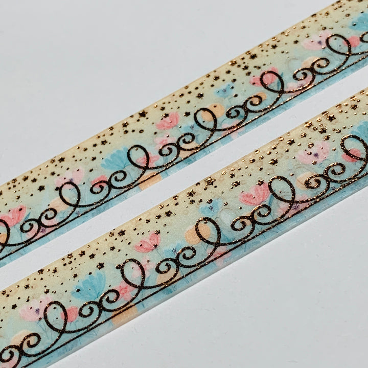 PASTEL TULIPS With ROSE GOLD FILIGREE And RAINING STARS Washi Tape ~ 1 Roll