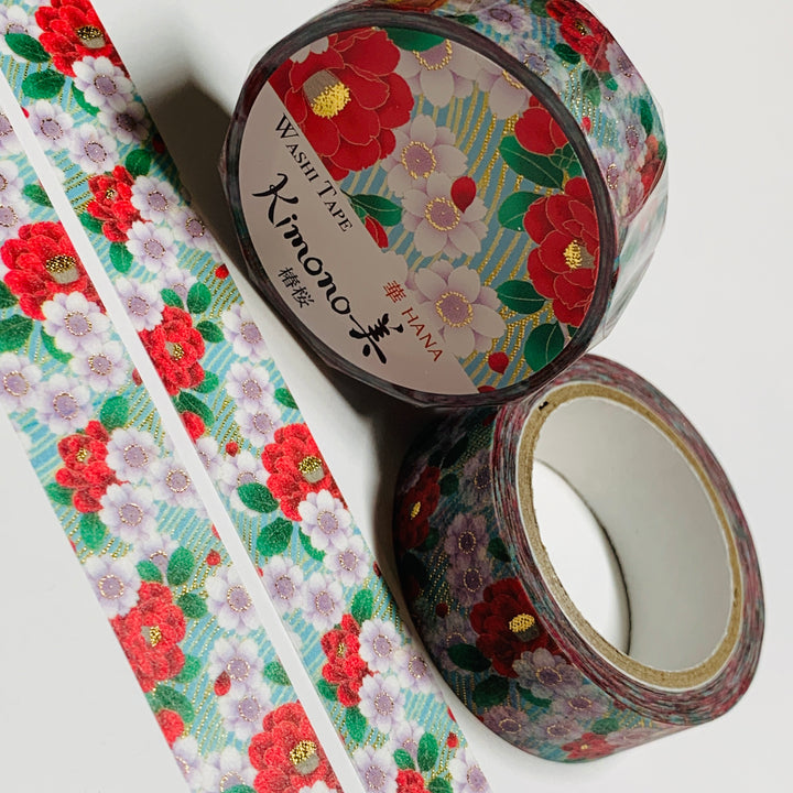 KIMONO CAMELLIA And CHERRY BLOSSOMS Gold Foil Saien Washi Tape ~ 1 Roll ~ 15mm x 7m (23 Feet)