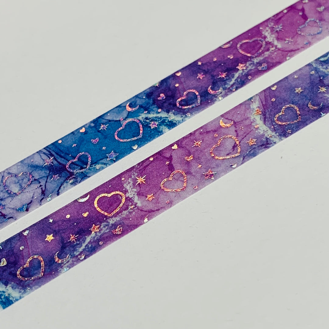 CLUSTERED HEARTS STARS & MOONS Holographic Silver Foil Washi Tape ~ 1 Roll ~ 10mm x 10m (33 Feet)