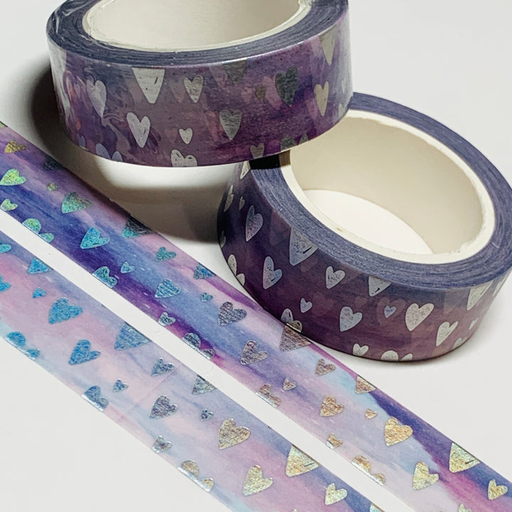 DOODLED SILVER FOIL HEARTS OMBRE PURPLE Washi Tape ~ 1 Roll ~ 15mm x 10m (33 Feet)