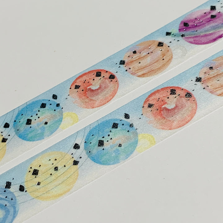 SILVER STUDDED PLANETS Colorful Foil Saien Masking Washi Tape ~ 1 Roll ~ 15mm x 7m (23 Feet)