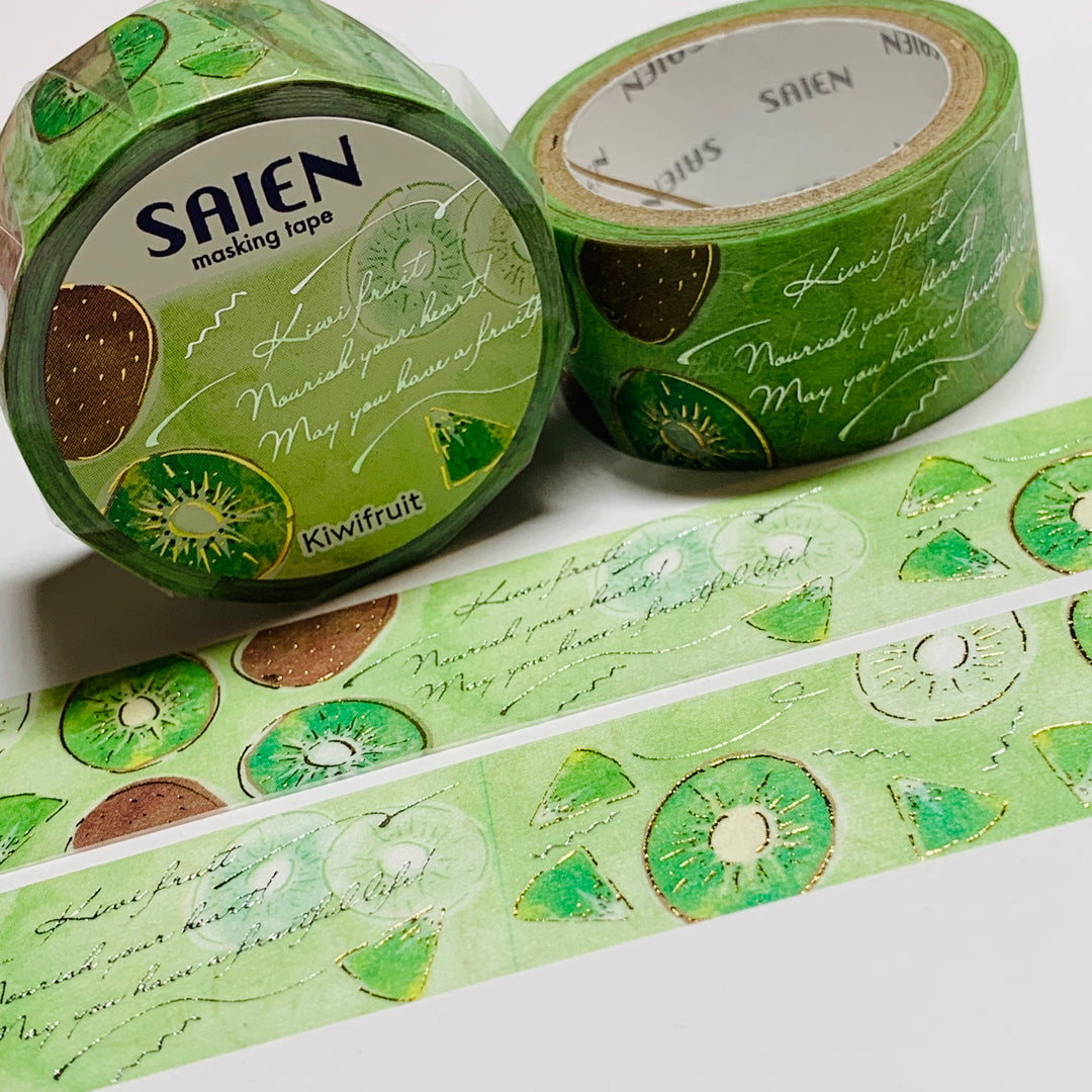 FRUIT TIME KIWI With Silver & Gold Foil Saien Masking Washi Tape ~ 1 Roll ~ 20mm x 5m (16 Feet)