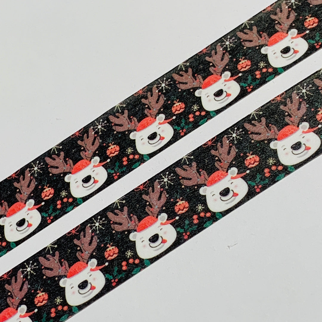 FESTIVE POLAR BEAR With REINDEER ANTLERS Holiday Washi Tape ~ 1 Roll ~ 15mm x 10m (33 Feet)