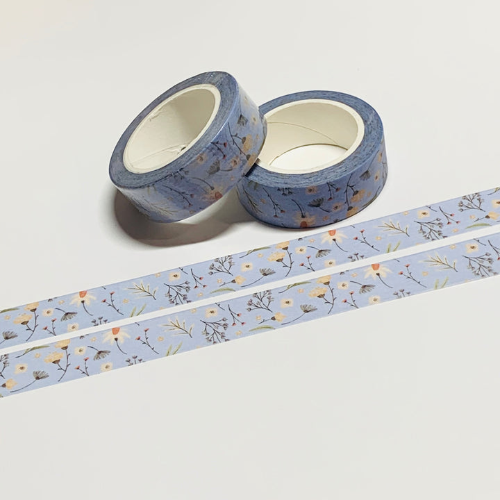 RETRO TOSSED WILDFLOWERS On A Blue Bed Washi Tape ~ 1 Roll ~ 15mm x 10m (33 Feet)