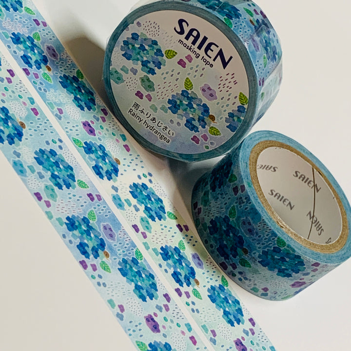 RAINY BLUE HYDRANGEA FLOWERS Saien Masking Washi Tape ~ 1 Roll ~ 20mm x 7m (23 Feet)