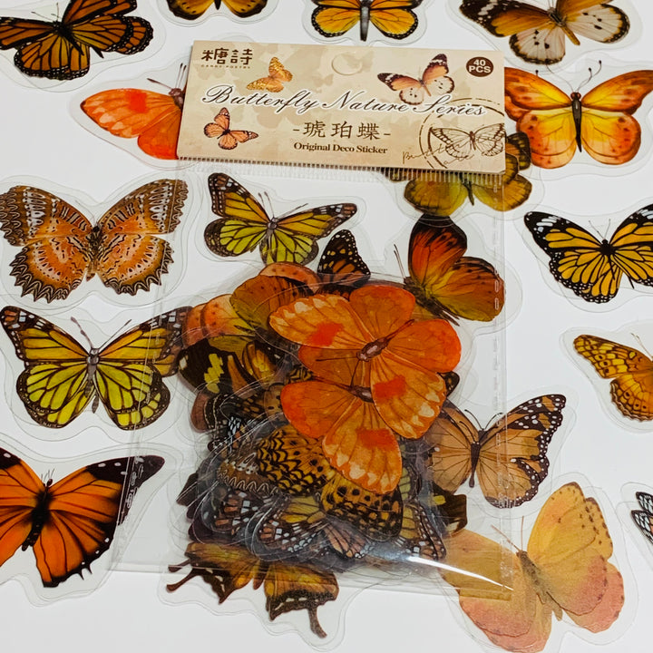 ORANGE BUTTERFLY NATURE Series Transparent Peelable Stickers ~ 40 Stickers - 40 to 50mm In Size