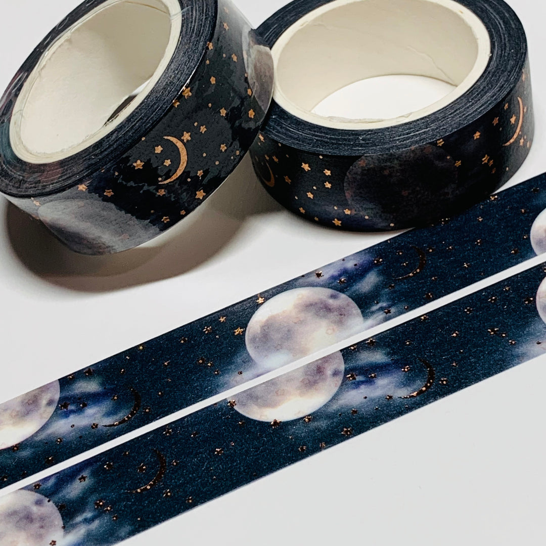 SMOKY FULL MOON With ROSE GOLD Stars & Crescent Washi Tape ~ 1 Roll ~ 15mm x 10m (33 Feet)