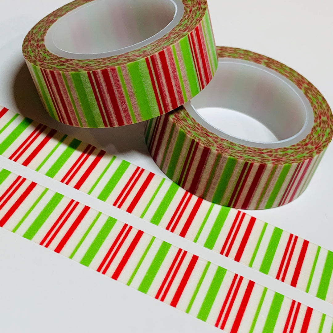 CHRISTMAS CHERRY & LIME Red And Green Striped Washi Tape  ~ 1 Roll - 15mm x 10m (33 Feet)