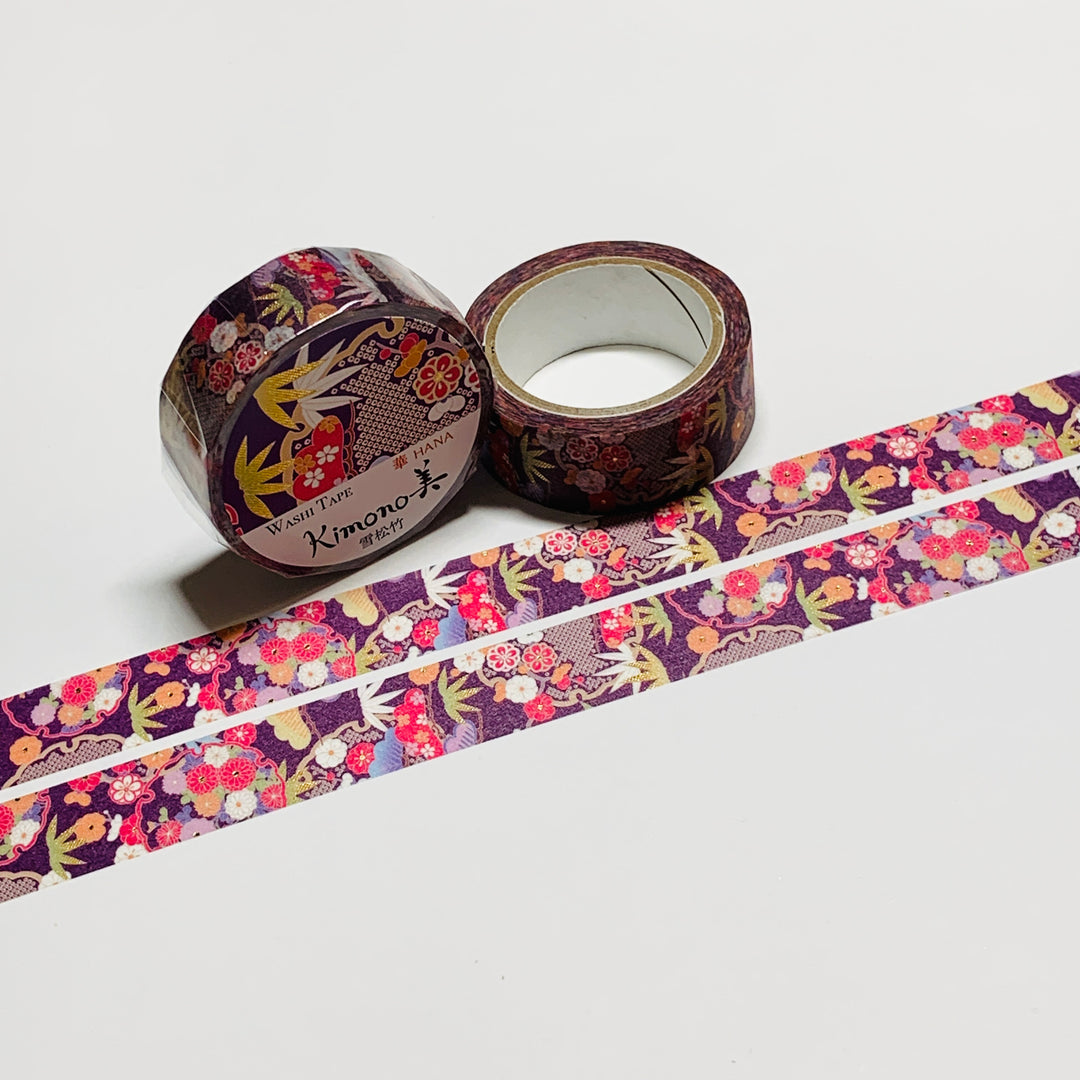 KIMONO SNOW PINE & BAMBOO Gold Foil Saien Washi Tape ~ 1 Roll ~ 15mm x 7m (23 Feet)