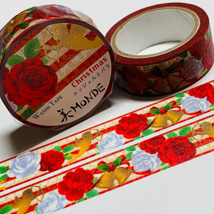 KIMONO CHRISTMAS ANGEL & ROSES Gold Foil Saien Washi Tape ~ 1 Roll ~ 15mm x 7m (23 Feet)