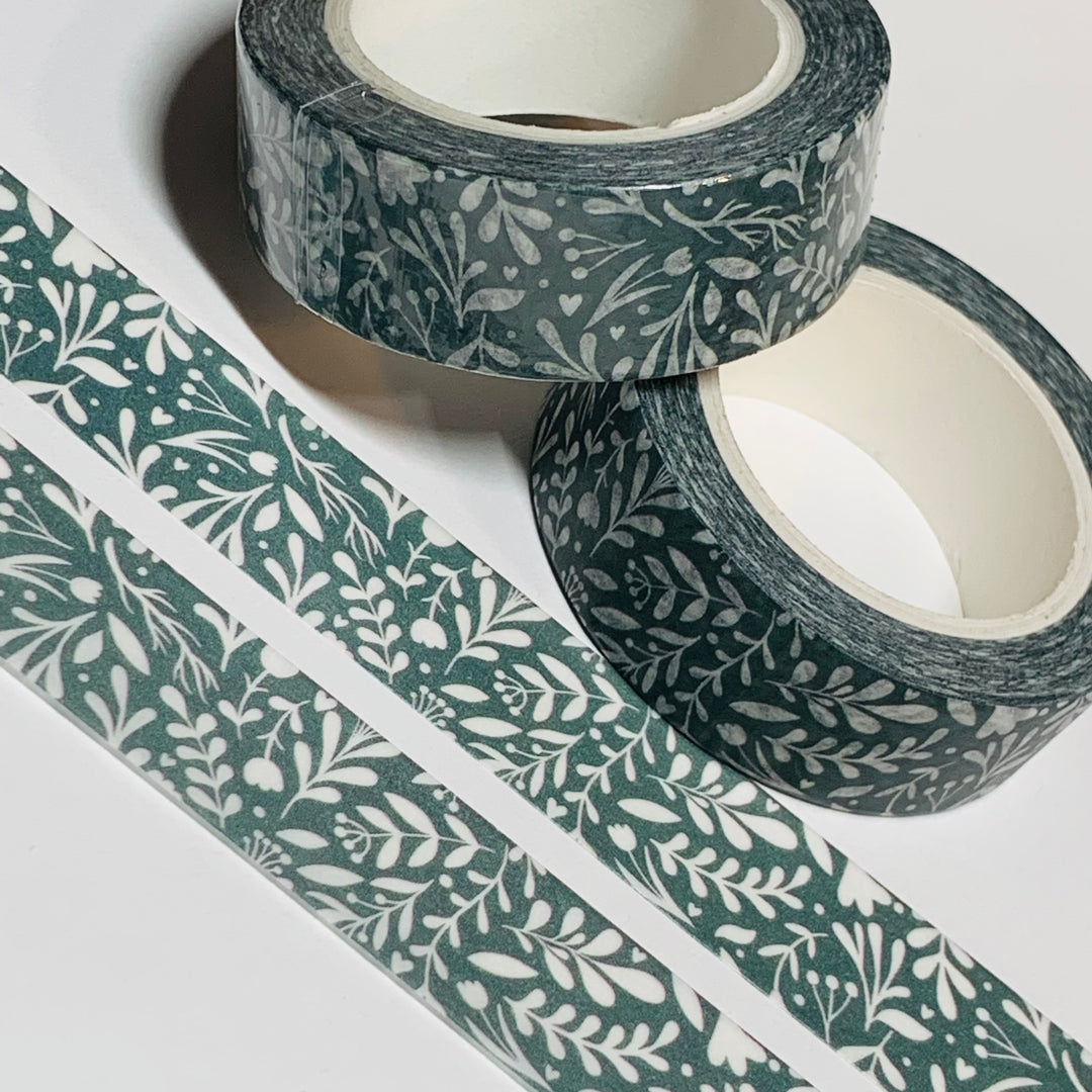 SAGE GREEN And WHITE Foliage Leaves Washi Tape ~ 1 Roll ~ 15mm x 10m (33 Feet)