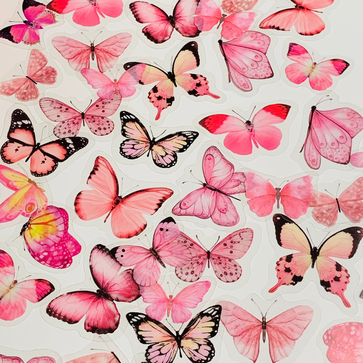 PINK BUTTERFLY NATURE Series Transparent Peelable Stickers ~ 40 Stickers - 40 to 50mm In Size