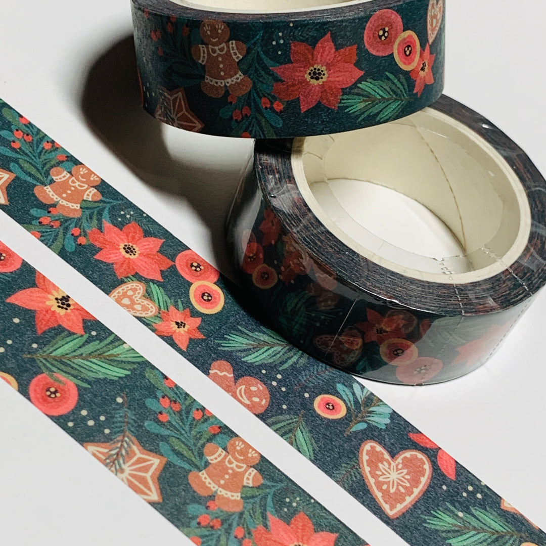 CHRISTMAS TREE GARNISHMENTS Gingerbread & Poinsettias Washi Tape ~ 1 Roll ~ 15mm x 10m (33 Feet)