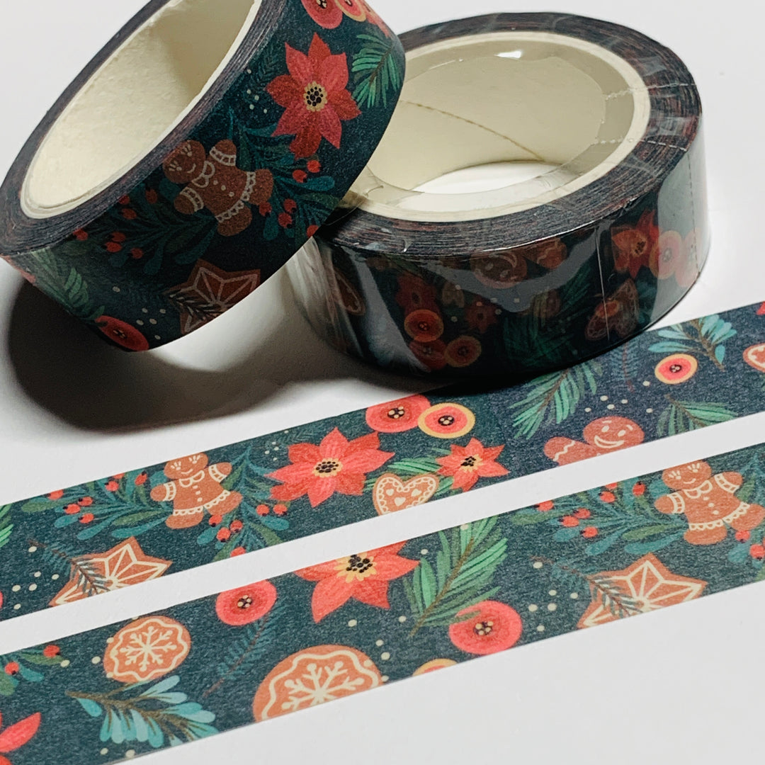 CHRISTMAS TREE GARNISHMENTS Gingerbread & Poinsettias Washi Tape ~ 1 Roll ~ 15mm x 10m (33 Feet)