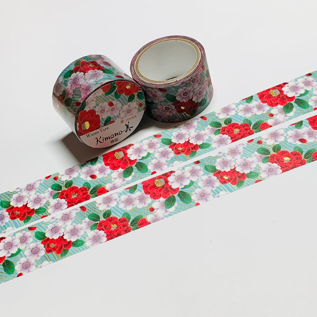 KIMONO CAMELLIA And CHERRY BLOSSOMS Gold Foil Saien Washi Tape ~ 1 Roll ~ 25mm x 5m (16 Feet)