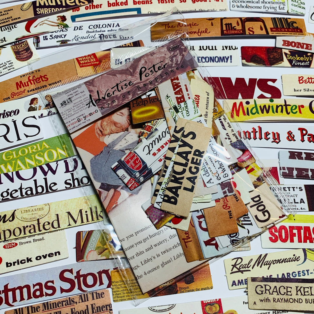VINTAGE ADVERTISING & MOVIE STICKER STRIPS Ephemera Pack ~ 100 Pieces ~ 50-120mm