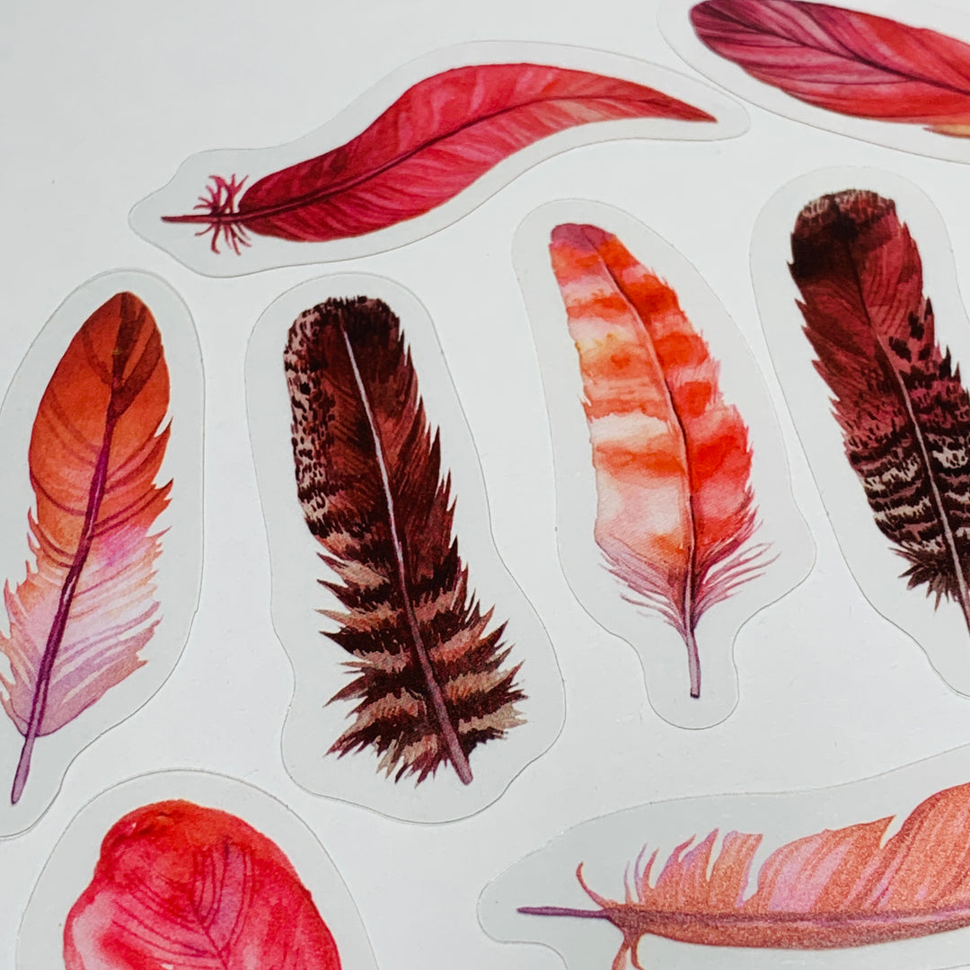 REDDISH ORANGE FEATHER ASSORTMENT Peelable Sticker Ephemera Pack ~ 40 Pieces, Each Sticker 50-60mm