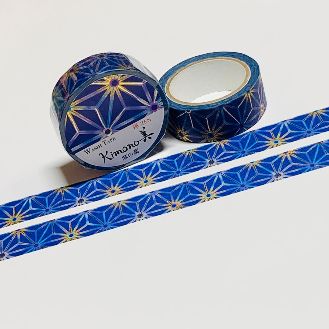 KIMONO HEMP LEAF BLUE & Gold Foil Saien Washi Tape ~ 1 Roll ~ 15mm x 7m (23 Feet)