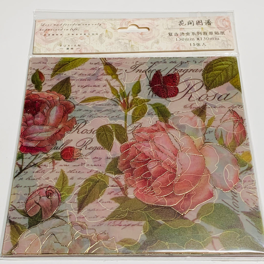 FLOWER POWER GARDEN Vellum & Designed Ephemera Paper Pack ~ 15 Sheets ~ Size 5 x 5 Inches