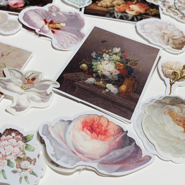 WHITE HIBISCUS & ROSES IMPERIAL Garden Floral Sticker Flakes Stickers ~ 40 Stickers ~ 1 to 3 Inches Each