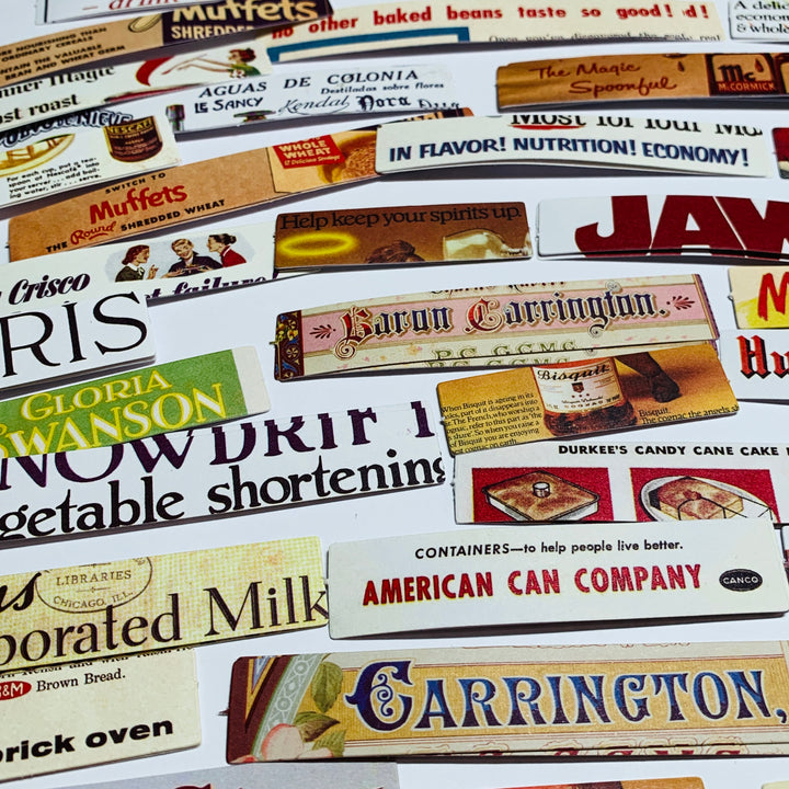 VINTAGE ADVERTISING & MOVIE STICKER STRIPS Ephemera Pack ~ 100 Pieces ~ 50-120mm