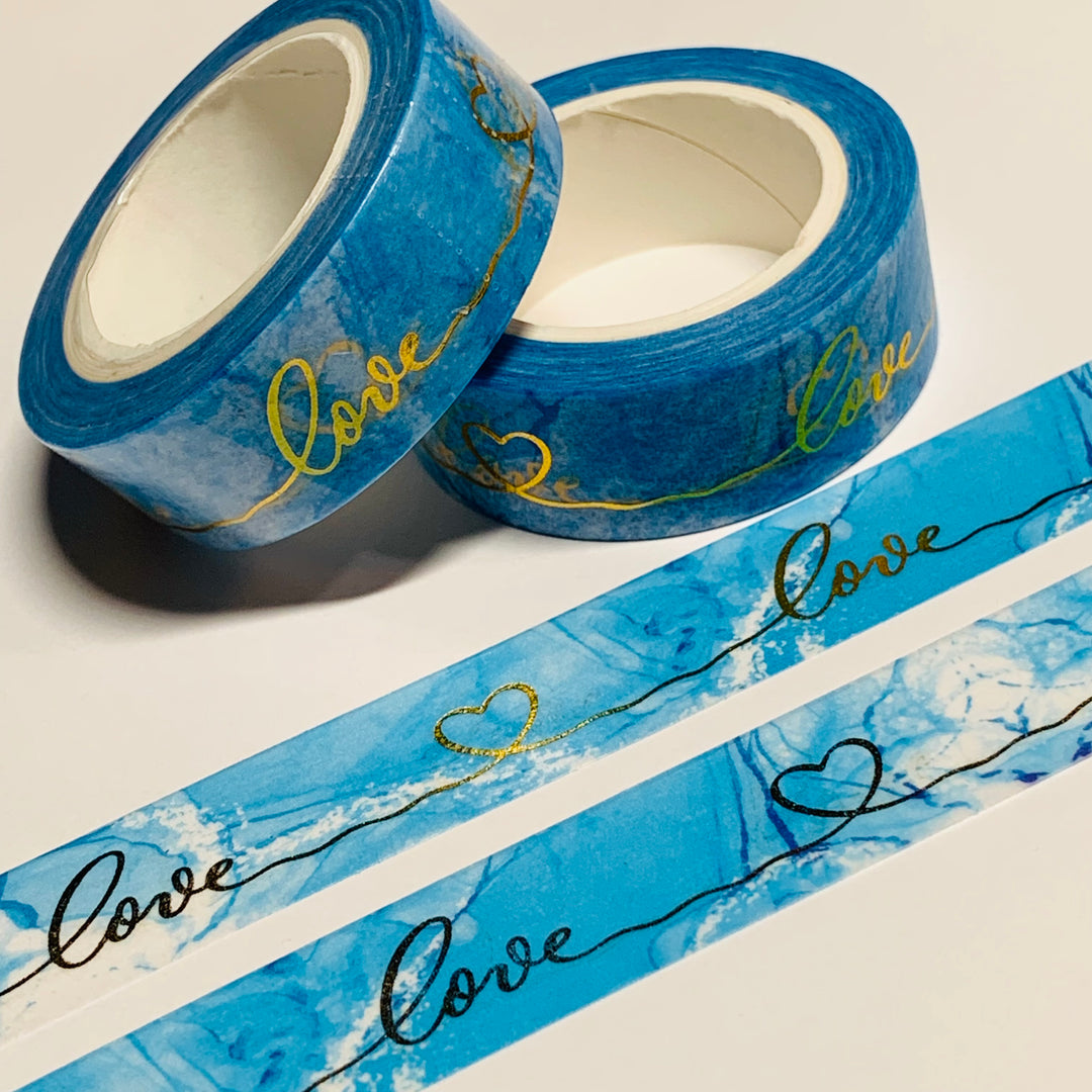 BLUE MARBLE LOVE SCRIPT Gold Foil Washi Tape ~ 1 Roll ~ 15mm x 10m (33 Feet)