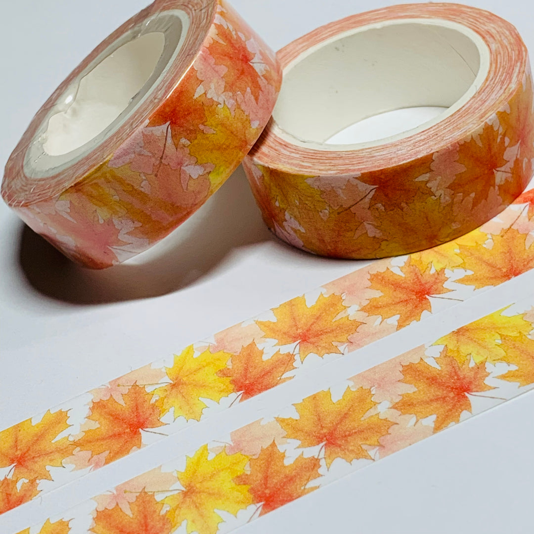 NEW SIZE!  MAPLE LEAVES in ORANGE and Yellow Washi Tape ~ 1 Roll ~ 15mm x 10m (33 Feet)