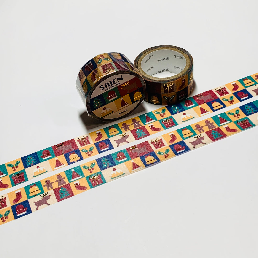 ADVENT GIFT COLLAGE Christmas Saien Gold Foil Masking Washi Tape ~ 1 Roll ~ 20mm x 5m (16 Feet)