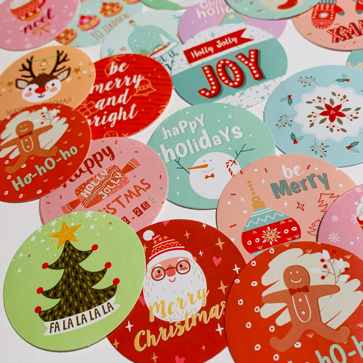 RETRO PINK & GREEN CHRISTMAS Peelable Stickers  ~ 46 Pieces ~ Approximately 38mm