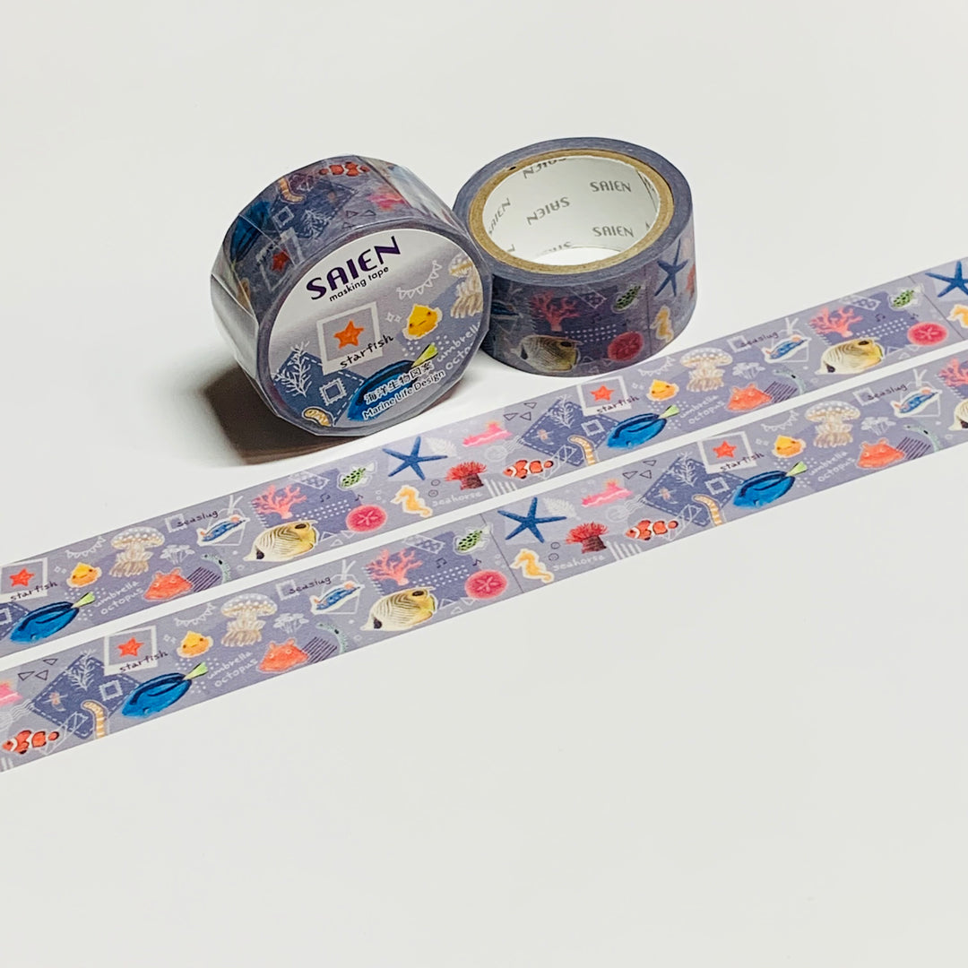 MARINE LIFE MEMORYKEEPING Collage Patina Saien Masking Washi Tape ~ 1 Roll ~ 20mm x 7m (23 Feet)