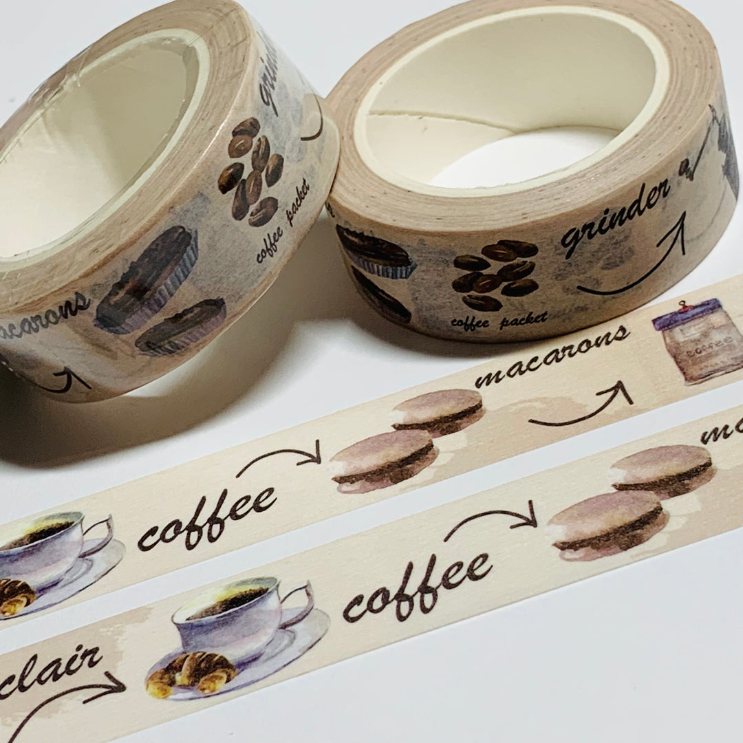 FRENCH ROAST COFFEE & MACARONS Washi Tape ~ 1 Roll ~ 15mm x 10m (33 Feet)