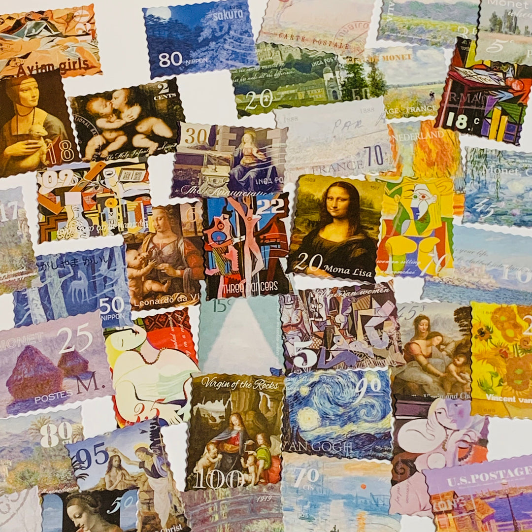 ICONIC NOTABLE PAINTING Stamps Peelable Stickers  ~ 45 Pieces ~ Each Sticker is Approximately38mm