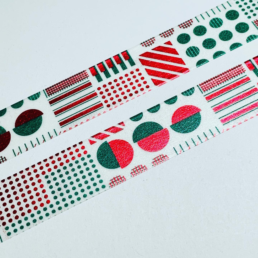 RED & GREEN DOTS STRIPES FOIL CHRISTMAS MT Washi Tape ~ 1 Roll ~ 15mm x 7m (23 Feet)