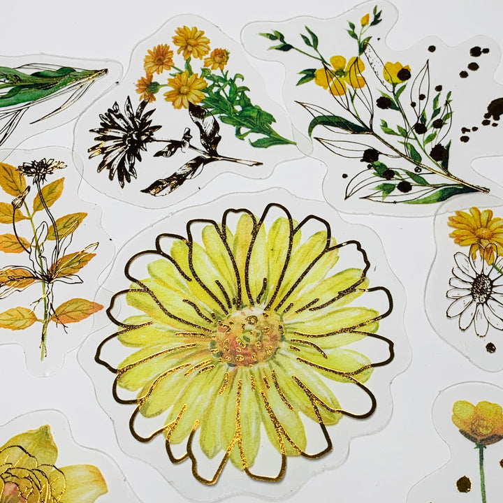 DAISY IS FULL YELLOW FLORAL ASSORTMENT Gold Foil Peelable Sticker Pack ~ 30 Pieces, Each Sticker 51-65mm