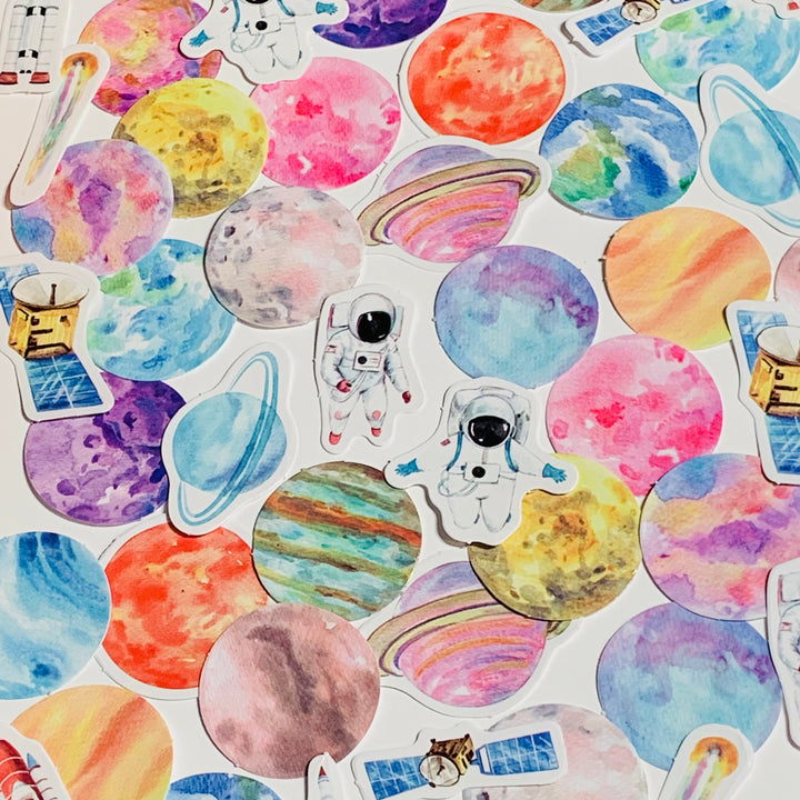 RAINBOW PLANETS & ASTRONAUTS Peelable Stickers  ~ 46 Pieces ~ Each Sticker is Approximately 38mm