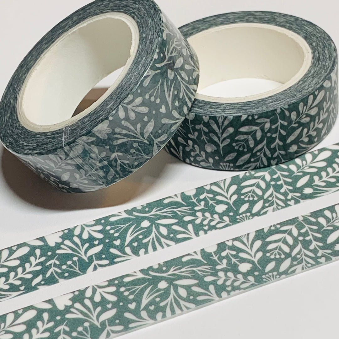 SAGE GREEN And WHITE Foliage Leaves Washi Tape ~ 1 Roll ~ 15mm x 10m (33 Feet)