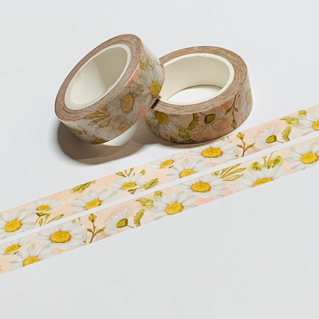 WHITE DAISIES With A BLUSH BACKDROP Washi Tape ~ 1 Roll ~ 15mm x 10m (33 Feet)