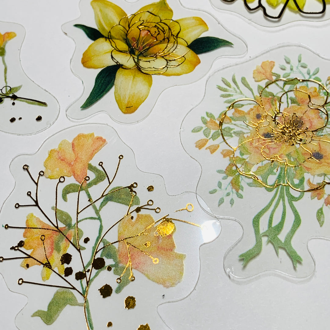 DAISY IS FULL YELLOW FLORAL ASSORTMENT Gold Foil Peelable Sticker Pack ~ 30 Pieces, Each Sticker 51-65mm