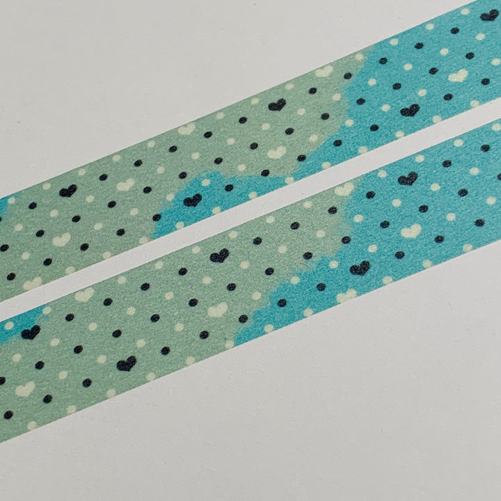 PATTERNED MINT HEARTS & DOTS Saien Masking Washi Tape ~ 1 Roll ~ 15mm x 10m (33 Feet)