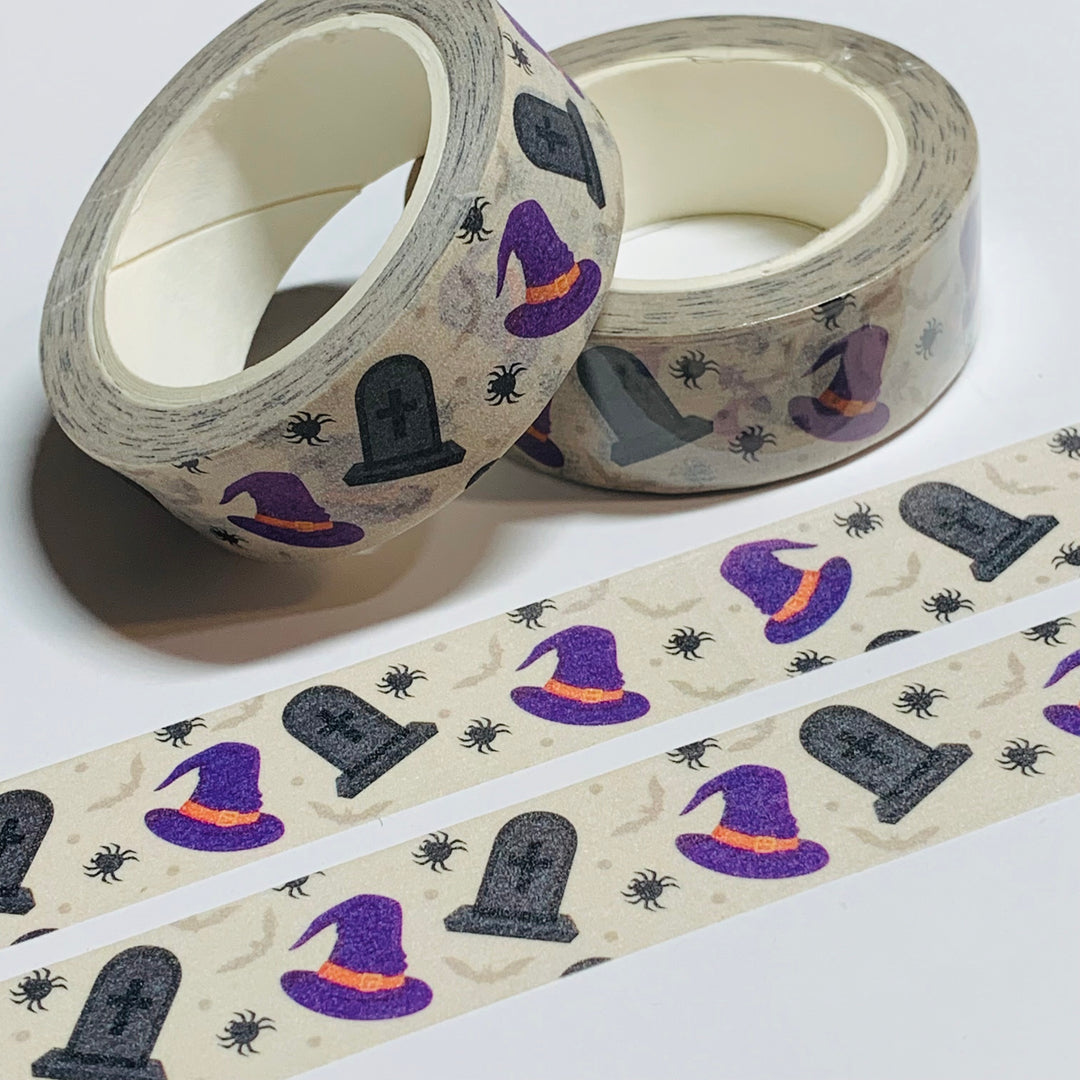 WITCH HATS And TOMBSTONES Halloween Washi Tape ~ 1 Roll ~ 15mm x 10m (33 Feet)