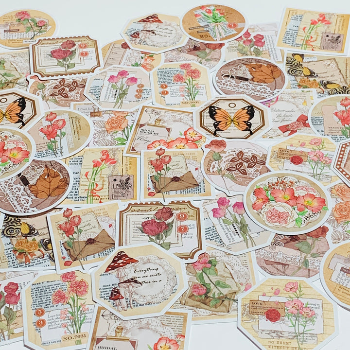 ROMANTIC LETTERS & ROSES DECO Peelable Stickers  ~ 46 Pieces ~ 44mm