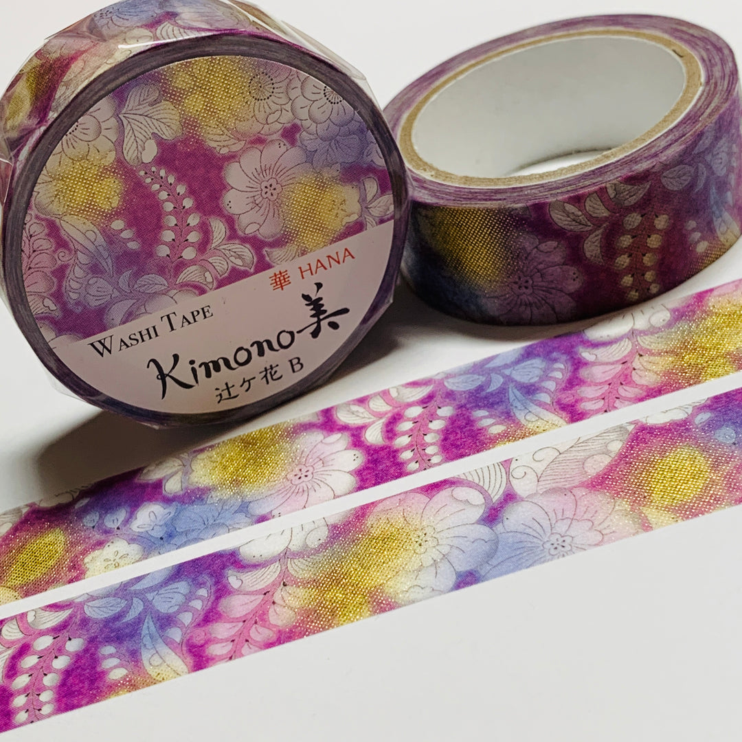 KIMONO PURPLE TSUJIGA FLORAL Gold Foil Saien Washi Tape ~ 1 Roll ~ 15mm x 7m (23 Feet)